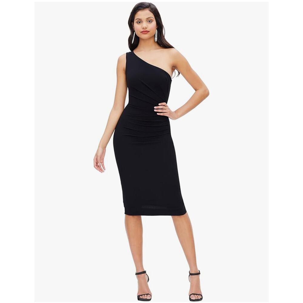 Dress The Population Black Ruched Gathered Goddess One Shoulder Sheath Dress